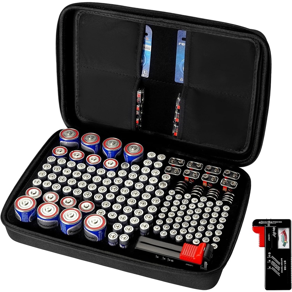 image:imageVEVOR Battery Organizer Storage Box Battery Case Bag with Tester BT168 Waterproof Batteries Organizer Storage Case with Zipper Holds 167 Batteries AA AAA C D 9V Button Black Box Only