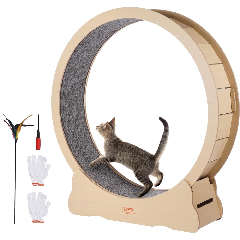 image:imageVEVOR Cat Exercise Wheel 433 Large Cat Treadmill Wheel for Indoor Cats Cat Running Wheel with Detachable Carpet amp Cat Teaser for RunningWalkingTraining Suitable for Most Cats YellowNatural Wood52in