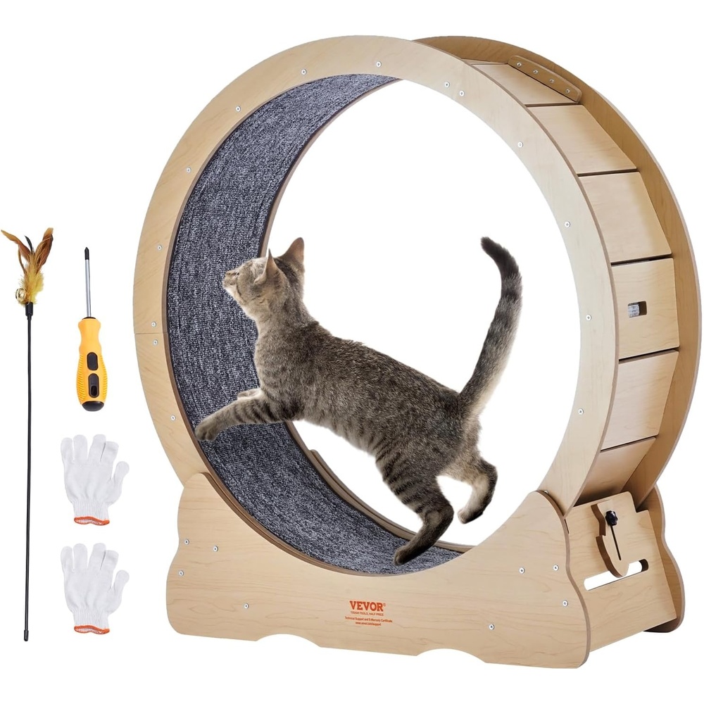 image:imageVEVOR Cat Exercise Wheel 433 Large Cat Treadmill Wheel for Indoor Cats Cat Running Wheel with Detachable Carpet amp Cat Teaser for RunningWalkingTraining Suitable for Most Cats YellowNatural Wood358in