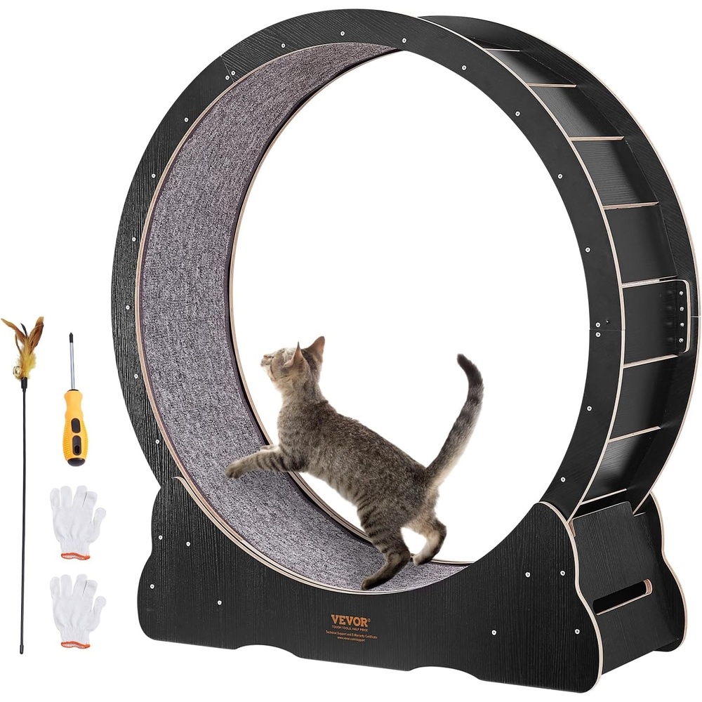 image:imageVEVOR Cat Exercise Wheel 48 in Wooden Cat Running Wheel for Indoor Cats up to 28 lbs Cats Treadmill with Carpeted Runway amp Locking Mechanism Quiet Kitten Sport Toys for Pets Fitness amp Health BlackNatural Wood433in