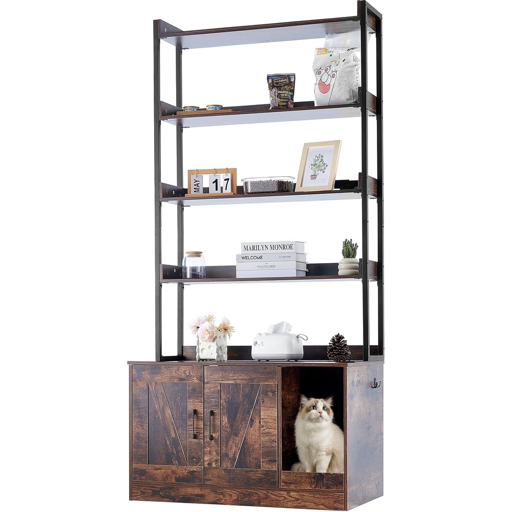 image:imageVEVOR Cat Litter Box Enclosure Hidden Litter Box Furniture with 3 Storage Shelves Wooden Cat Washroom Indoor Large Cat House Cabinet Hidden Fit Most Litter Box 335L x 193W x 587H Dark Brown335L x 193W x 723H4 Shelves