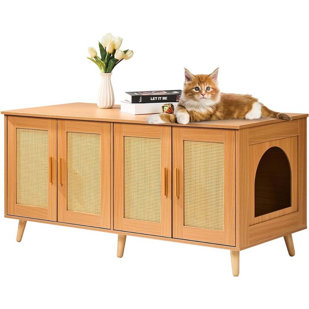 image:imageVEVOR Cat Litter Box Enclosure for 2 Cats Litter Box Furniture Hidden with Rattan Decorated Doors Wooden Cat Box Cabinet Fit Most of Litter Box 472 L x 197 W x 217 H Natural