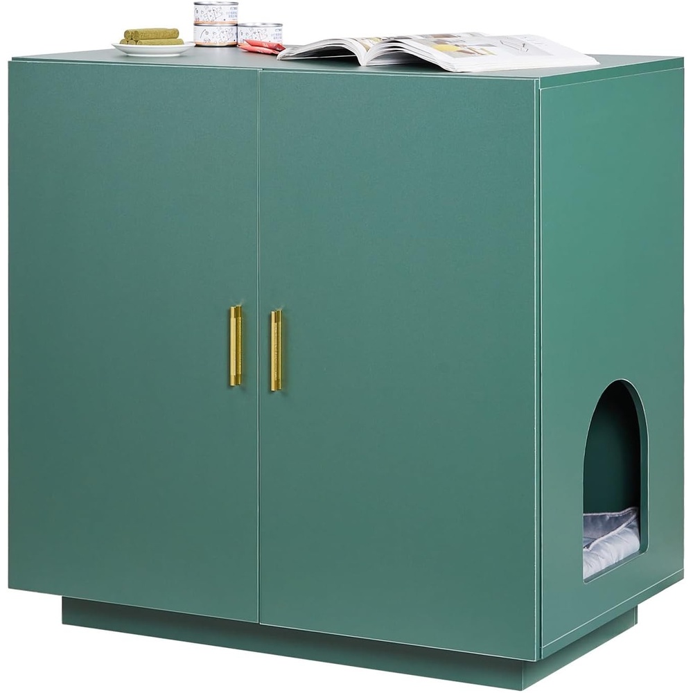image:imageVEVOR Cat Litter Box Enclosure for Multi Cats 472 in Hidden Litter Box Cabinet with 4 Doors amp 2 Entries Indoor Cat Washroom Wooden Kitty House Furniture Side Table Fit Most Litterboxes GreenDark Green