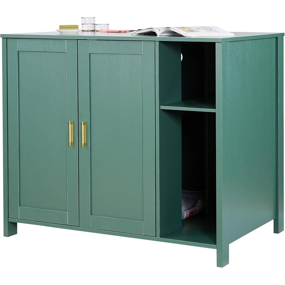 image:imageVEVOR Cat Litter Box Enclosure for Multi Cats 472 in Hidden Litter Box Cabinet with 4 Doors amp 2 Entries Indoor Cat Washroom Wooden Kitty House Furniture Side Table Fit Most Litterboxes GreenDark GreenBuiltin Power Outlet