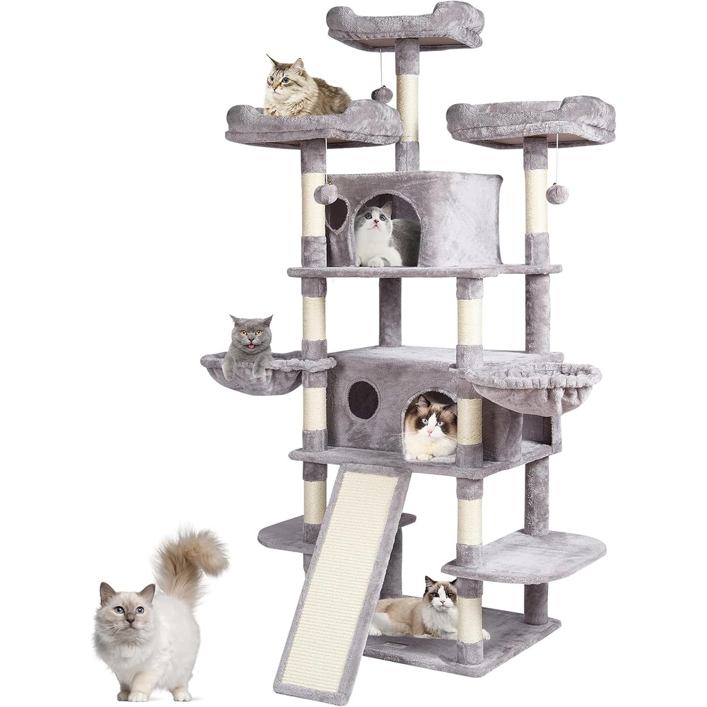 image:imageVEVOR Cat Tree for Indoor Cats 63 Cat Tower with 2 Cat Condos Sisal Scratching Post Hammock Top Perch Jumping Platforms Large Cat Furniture Activity Center with Hang Ball Light GreyLight Grey