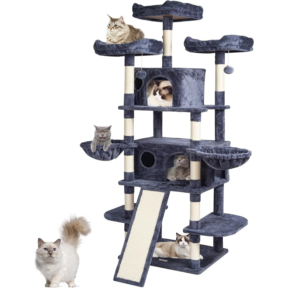 image:imageVEVOR Cat Tree for Indoor Cats 63 Cat Tower with 2 Cat Condos Sisal Scratching Post Hammock Top Perch Jumping Platforms Large Cat Furniture Activity Center with Hang Ball Light GreyDark Grey