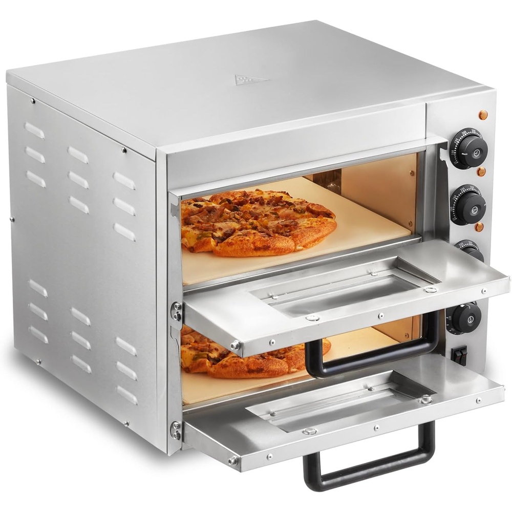 image:imageVEVOR Commercial Pizza Oven Countertop 14 Double Deck Layer Stainless Steel Electric Pizza Oven with Stone and Handle Multipurpose Indoor Pizza Maker for Restaurant Home Pretzels Baked14 Inch Dual Layer Pizza Oven