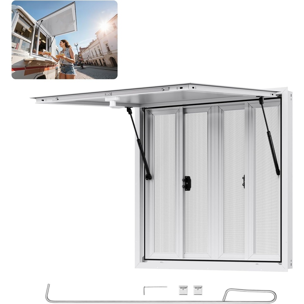 image:imageVEVOR Concession Window Aluminum Alloy Frame Service Window for Food Truck Up to 85 Degrees Stand Serving with Awning Door and Drag Hook 4 leftampright sliding windows 53x33in with 4 Sliding4 leftright sliding Screens