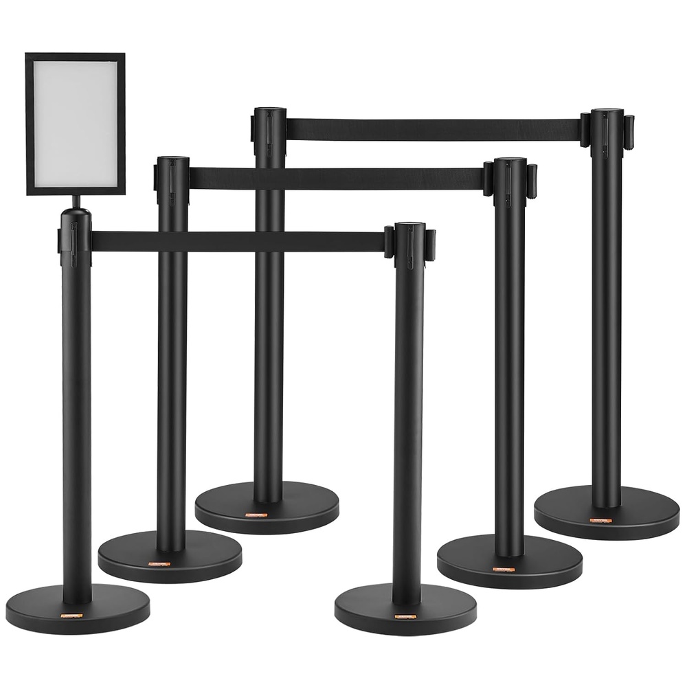image:imageVEVOR Crowd Control Stanchion Set Stanchion Set with 66 ft2 m Black Retractable Belt Black Crowd Control Barrier wConcrete and Metal Base  Easy Connect Assembly 4Black