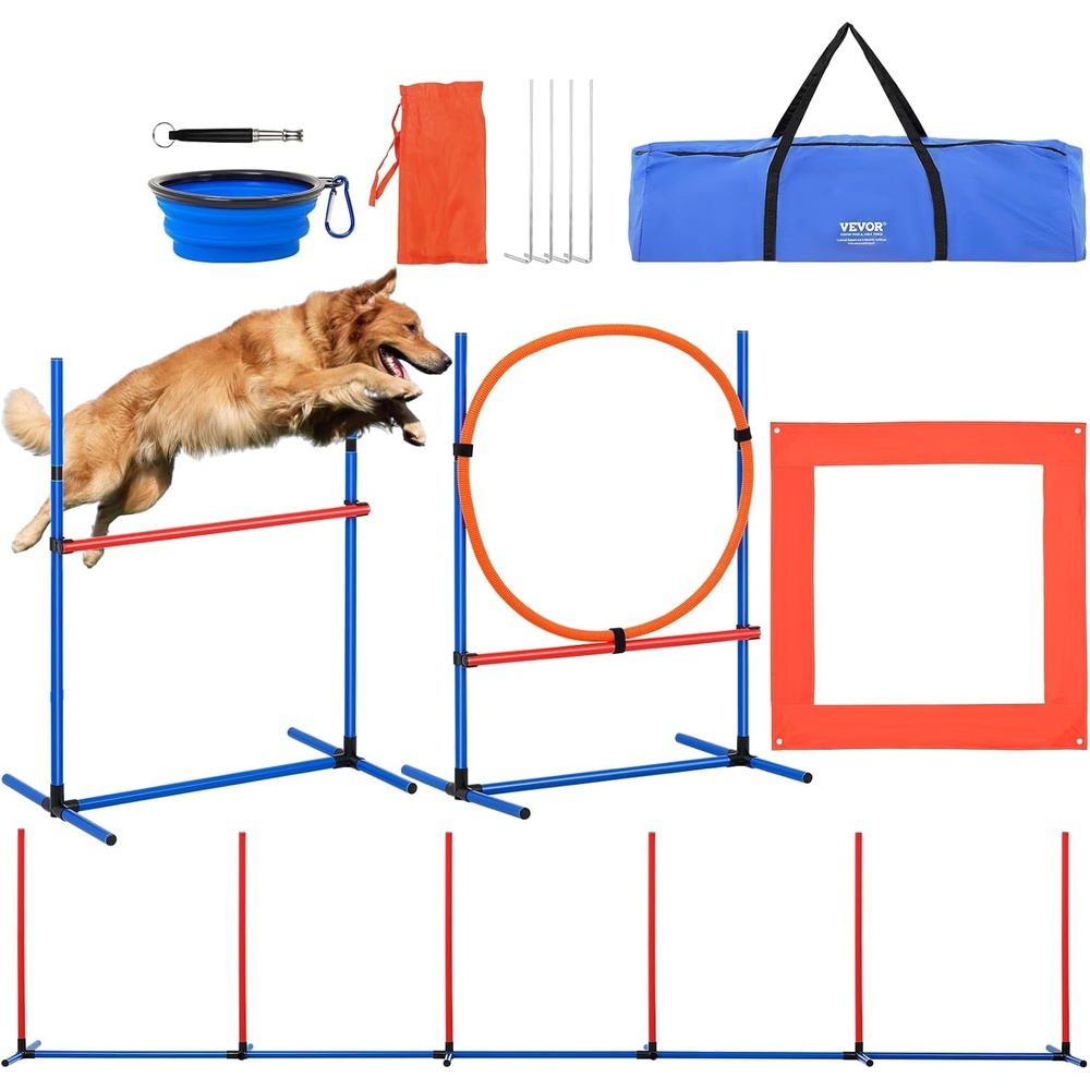 image:imageVEVOR Dog Agility Training Equipment Dog Agility Course Backyard Set with Adjustable High HurdlesWeave PolesJump RingSquare Pause BoxWhistleFoldable Bowl Obstacle Course Kit with Storage Bag
