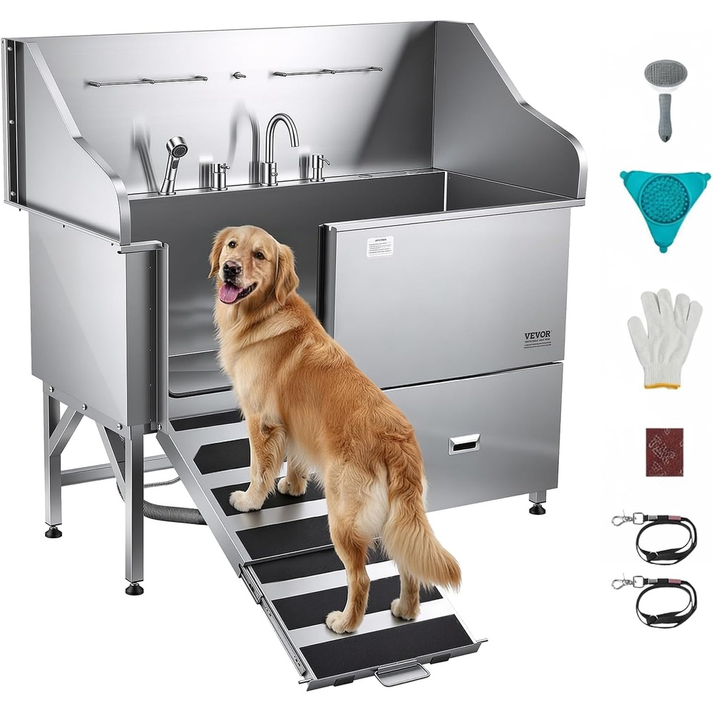 image:imageVEVOR Dog Bath Tub Professional 50 Inch 304 Stainless Steel Dog Washing Station AntiSlip Ramp amp Storage Drawer Hot Cold Water Faucet and Showerhead for Large Medium Small Dogs Left Door61 inch