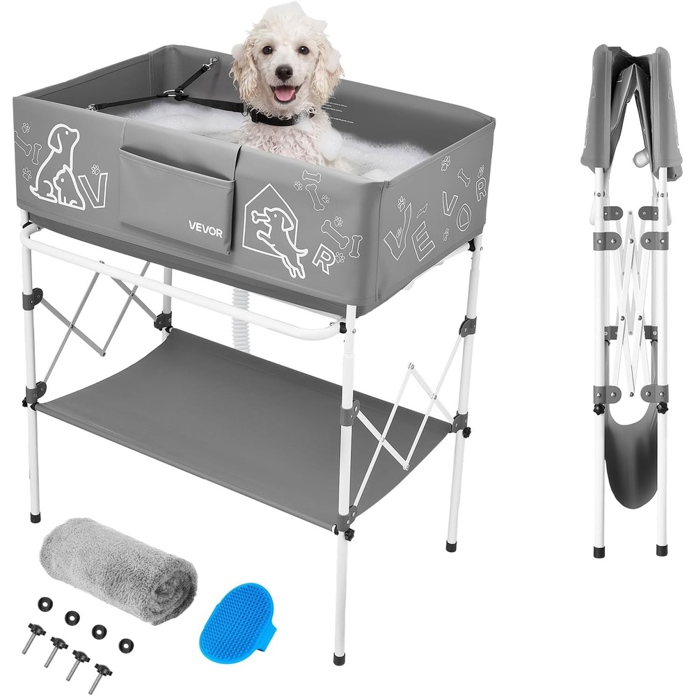 image:imageVEVOR Dog Bathtub Collapsible Dog Bath Tub Pet Bathing Grooming Wash Shower Station Portable SpaceSaving amp Stable Support for Small Pet Puppy Doggie Cat Outdoor Gray WhiteGray