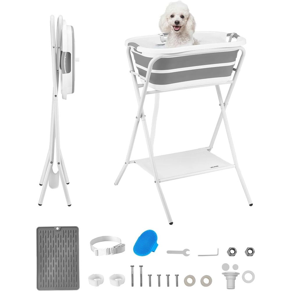 image:imageVEVOR Dog Bathtub Collapsible Dog Bath Tub Pet Bathing Grooming Wash Shower Station Portable SpaceSaving amp Stable Support for Small Pet Puppy Doggie Cat Outdoor Gray WhiteGray  White