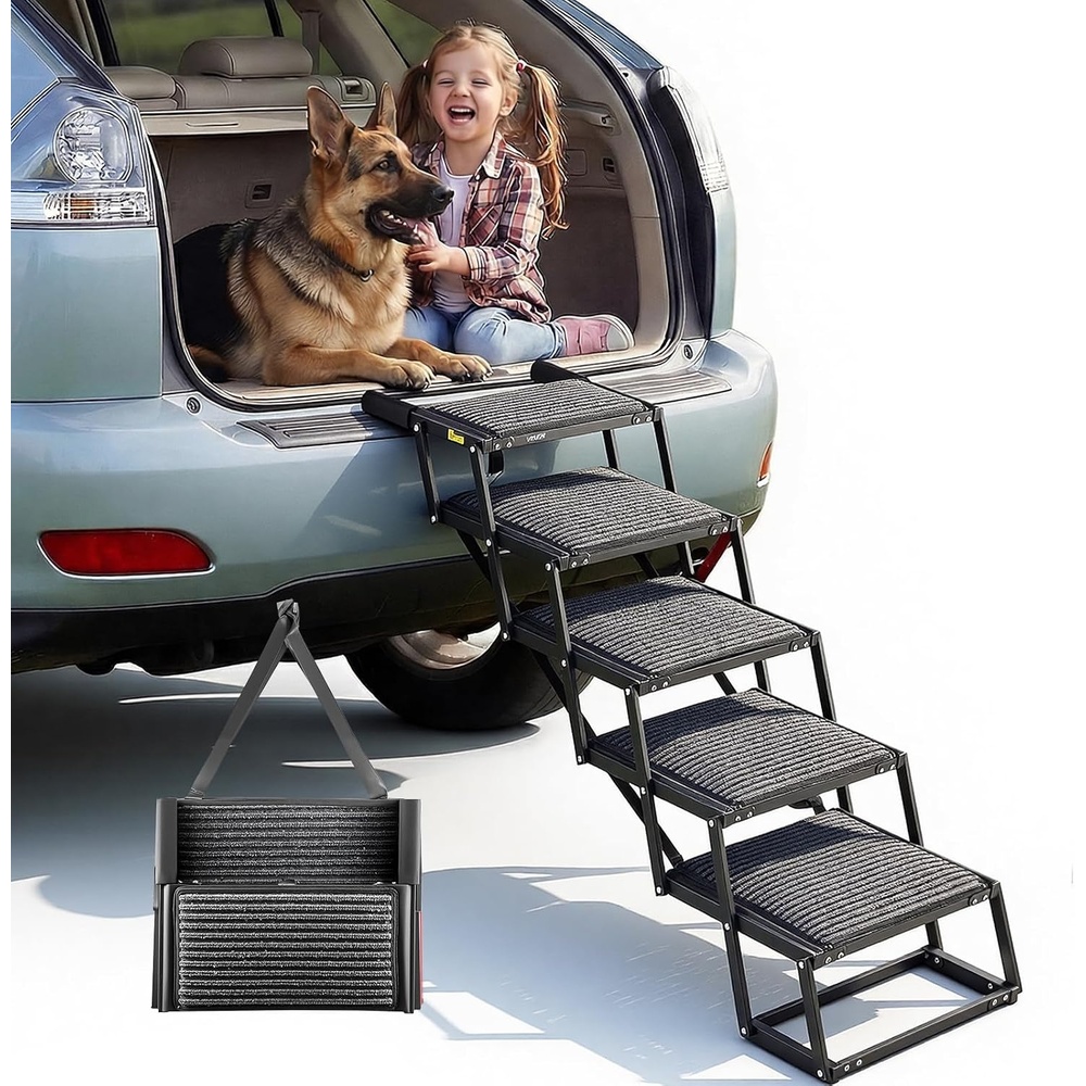 image:imageVEVOR Dog Stairs for Car 4 Steps Extra Wide Foldable Dog Ramp for Large Dogs with NonSlip Rug Surface Portable Lightweight Pet Ladder for Car SUV Truck High Beds Sofas Support up to 200 lbs5 Steps