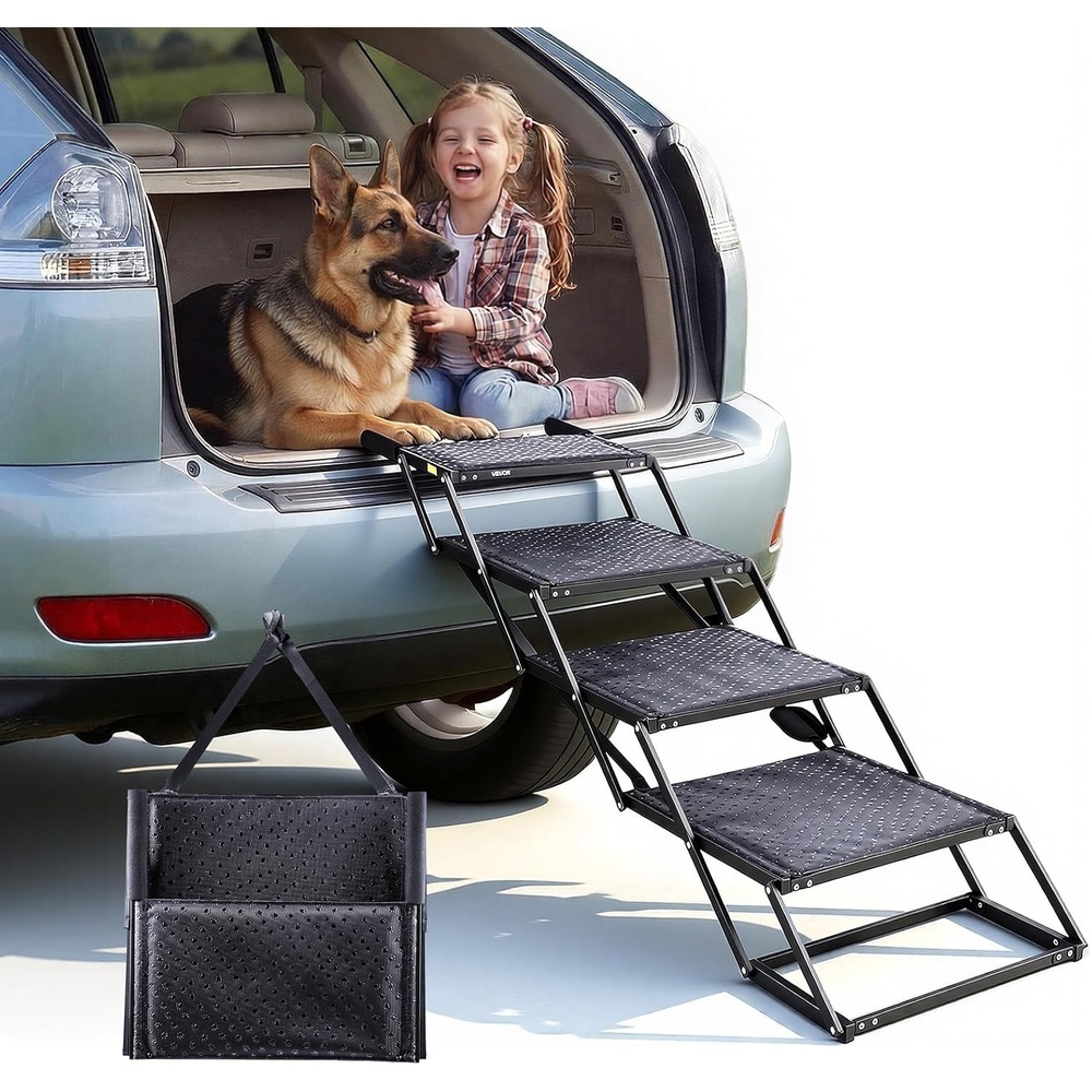 image:imageVEVOR Dog Stairs for Car 4 Steps Extra Wide Foldable Dog Ramp for Large Dogs with NonSlip Rug Surface Portable Lightweight Pet Ladder for Car SUV Truck High Beds Sofas Support up to 200 lbs4 StepsDripcoated