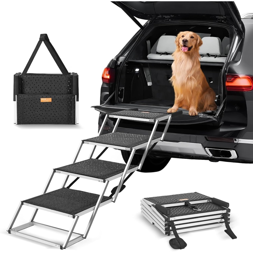 image:imageVEVOR Dog Stairs for Car Wide 5StepsFolding Dog Car Ramp with Nonslip Surface Portable Pet Steps Lightweight Aluminum for Car SUV and Truck Supports up to 150 lbs4 Steps
