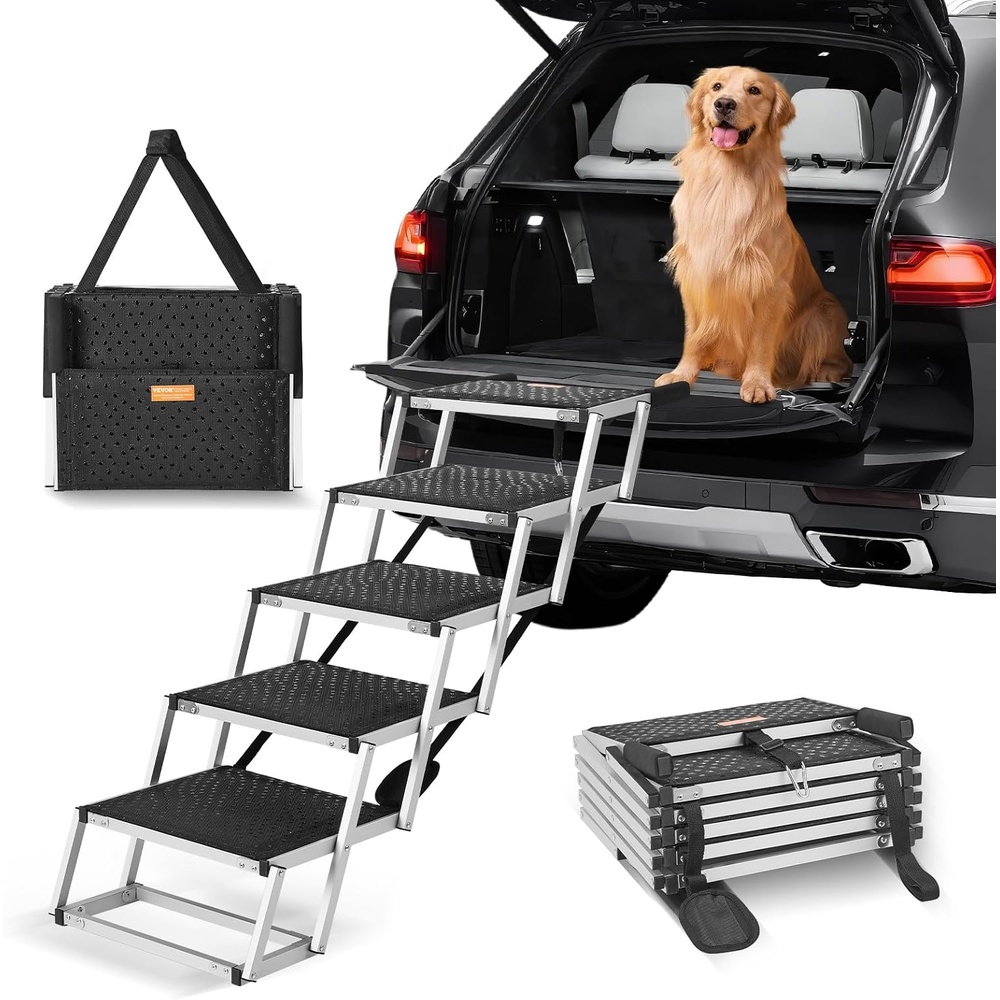 image:imageVEVOR Dog Stairs for Car Wide 5StepsFolding Dog Car Ramp with Nonslip Surface Portable Pet Steps Lightweight Aluminum for Car SUV and Truck Supports up to 150 lbs5 Steps