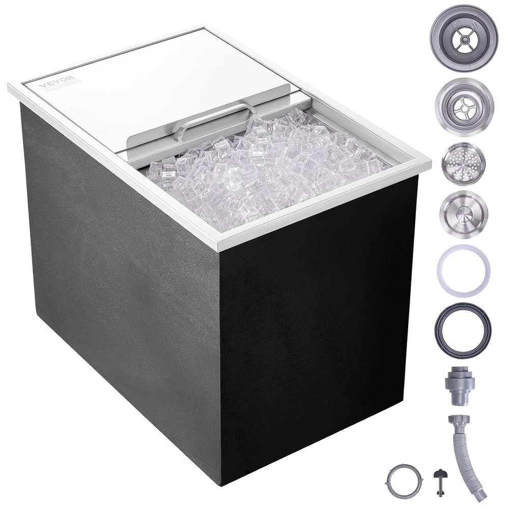 image:imageVEVOR Drop in Ice Chest 20 L x 16 W x 13 H Stainless Steel Ice Cooler Commercial Ice Bin with Hinged Cover 40 qt Outdoor Kitchen Ice Bar DrainPipe and Drain Plug Included for Cold Wine Beer27L x 18W x 21H Inch