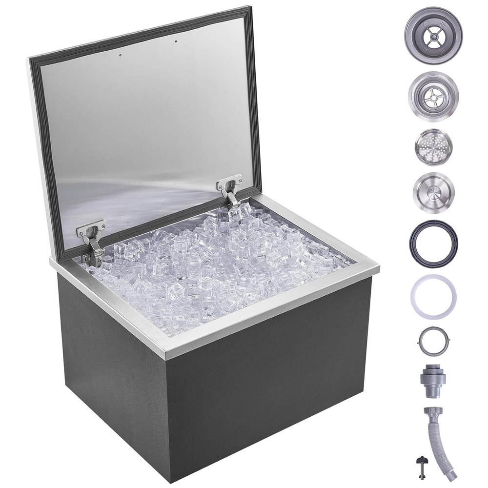 image:imageVEVOR Drop in Ice Chest 20 L x 16 W x 13 H Stainless Steel Ice Cooler Commercial Ice Bin with Hinged Cover 40 qt Outdoor Kitchen Ice Bar DrainPipe and Drain Plug Included for Cold Wine Beer20L x 16W x 13H Inch