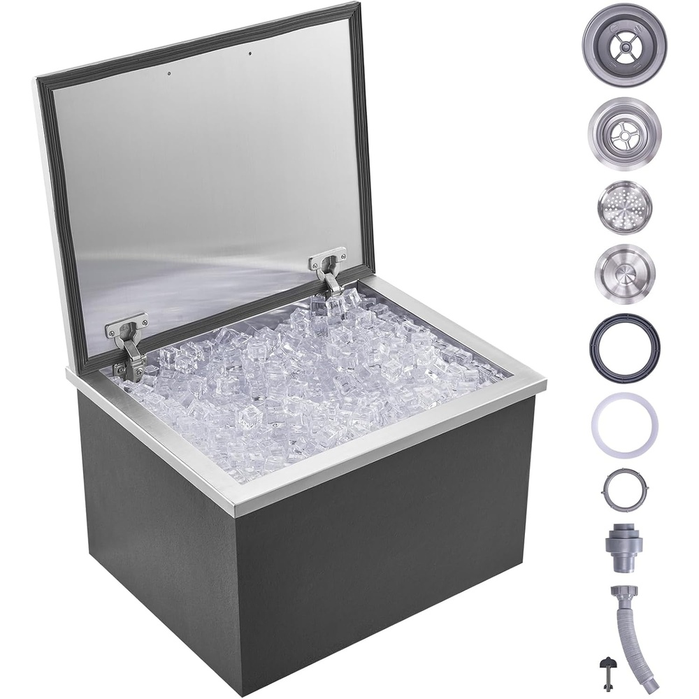 image:imageVEVOR Drop in Ice Chest 21 L x 17 W x 18 H Stainless Steel Ice Cooler Commercial Ice Bin with Cover 40 qt Outdoor Kitchen Ice Bar DrainPipe and Drain Plug Included for Cold Wine BeerSilverblack