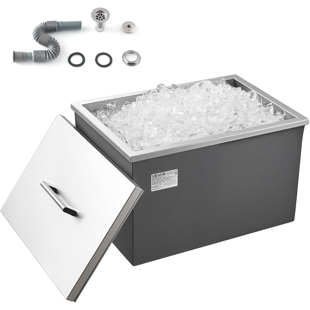 image:imageVEVOR Drop in Ice Chest Stainless Steel Drop in Cooler Commercial Ice Bin with Lid for Outdoor Kitchen Patio Bar DrainPipe Set Included Cooling Bins with Cover for Cold Wine BeerPot Lid