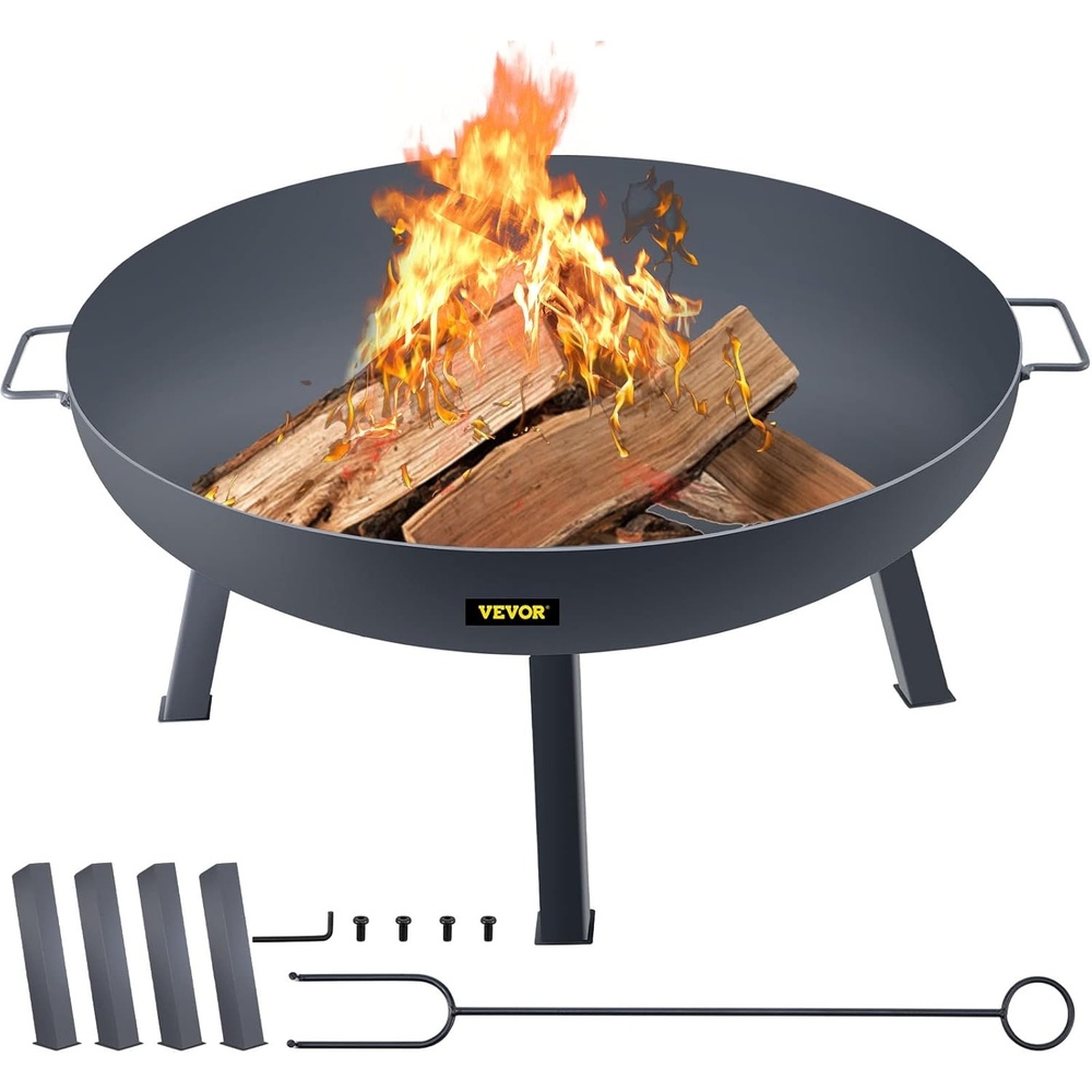 image:imageVEVOR Fire Pit Bowl 34Inch Diameter Round Carbon Steel Fire Bowl Wood Burning for Outdoor Patios Backyards amp Camping Uses with Portable Handles and A Firewood Stick Black34 Inch
