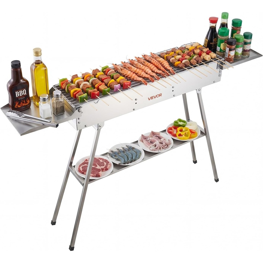 image:imageVEVOR Foldable Charcoal Grill 250 sqin Portable Charcoal Barbecue Grill with Liftable Charcoal Tray amp Side Tables Brushed Stainless Steel BBQ Cooking Grills for Outdoor Camping Backyard Parties