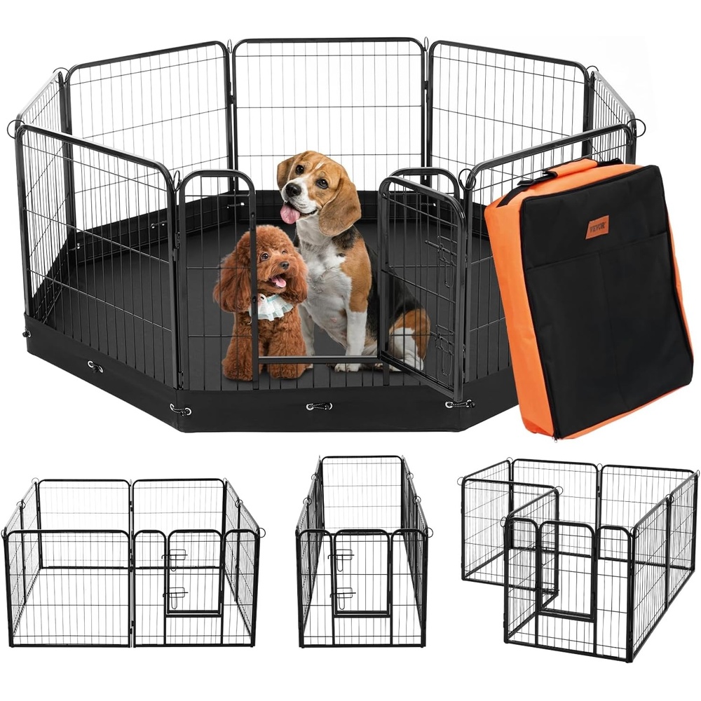 image:imageVEVOR Foldable Metal Dog Exercise Pen Pet Puppy Playpen Yard Fence with Top Cover amp Door Indoor Outdoor 8 Panels 24 W x 24 H Dogs Crate Kennel with Ground Stakes for Small amp Medium DogsPlaypen with Storage Bag  Bottom Pad