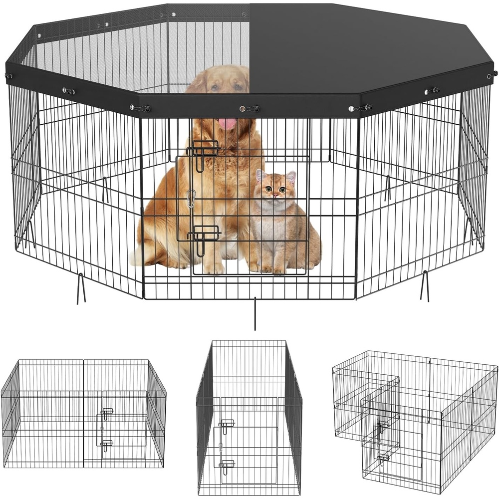 image:imageVEVOR Foldable Metal Dog Exercise Pen Pet Puppy Playpen Yard Fence with Top Cover amp Door Indoor Outdoor 8 Panels 24 W x 24 H Dogs Crate Kennel with Ground Stakes for Small amp Medium DogsPlaypen  Top Cover