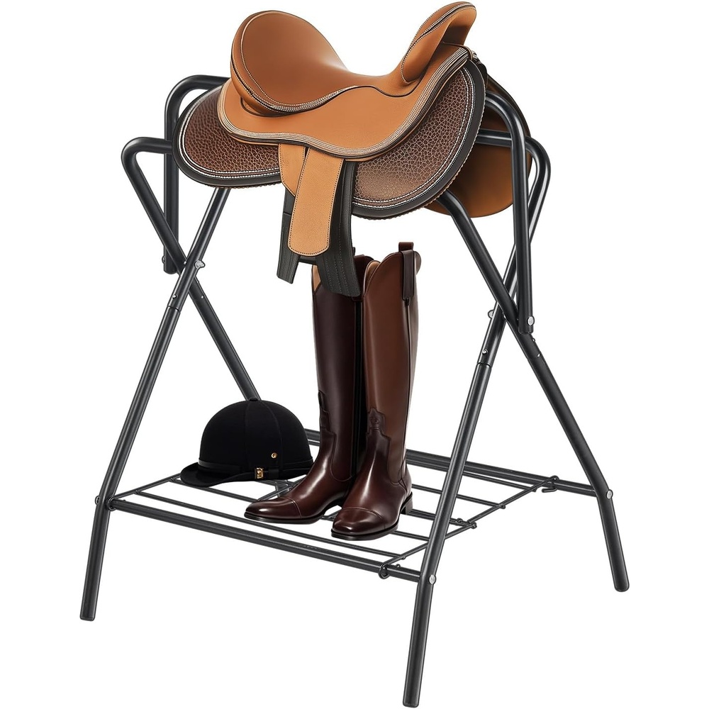 image:imageVEVOR Folding Saddle Rack Freestanding Horse Saddle Stand Portable Horse Blanket Holder Heavy Duty Steel Saddle Rack for English amp Western Saddles Tack Storage 28 x 19 x 375 in BlackFolding Saddle Rack1 Pcs