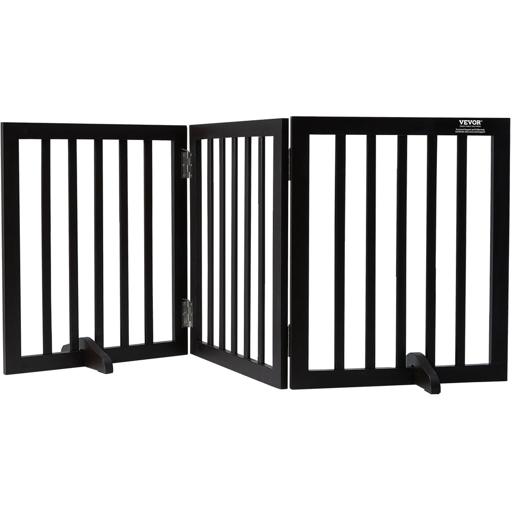 image:imageVEVOR Freestanding Pet Gate Wooden 24 H x 80 W 4Panel Foldable Gate for Wide amp Narrow Passageways Expandable Dog Barrier with Silent Foot Support WhiteDark Brown