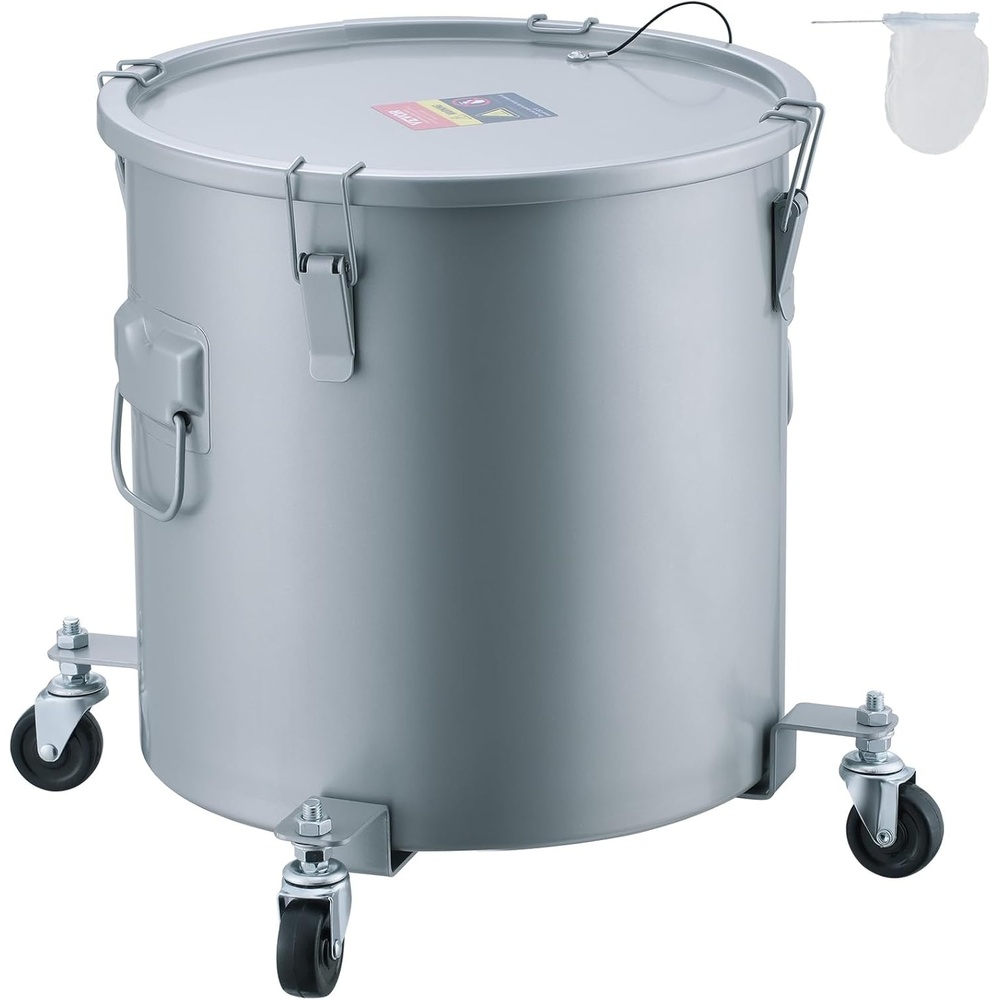 image:imageVEVOR Fryer Grease Bucket 16 Gal Oil Disposal Caddy with Caster Base Carbon Steel RustProof Coating Oil Transport Container with Lid Lock Clips Filter Bag for Hot Cooking Oil Filtering GraySilver Gray