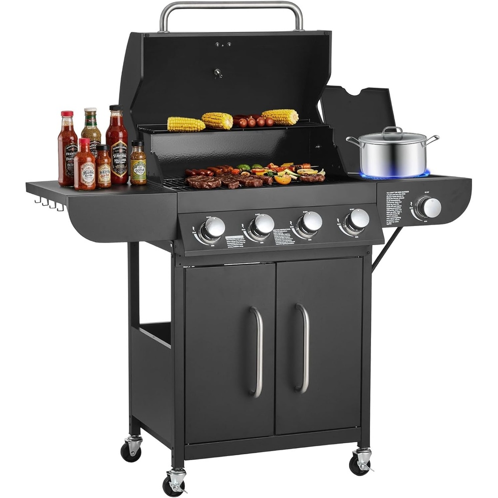 image:imageVEVOR Gas Grill 4 Burner Propane Gas Grill with Side Burner 425 SQIn Grilling Area Carbon Steel Enamel Grates Outdoor 52000 BTU Patio Garden BBQ Grills with Two Side Shelves Carbon Steel41 Burner Carbon Steel