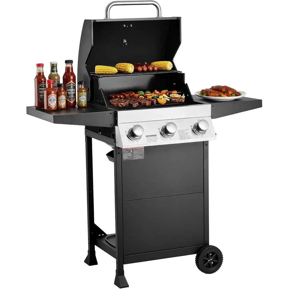 image:imageVEVOR Gas Grill 4 Burner Propane Gas Grill with Side Burner 425 SQIn Grilling Area Carbon Steel Enamel Grates Outdoor 52000 BTU Patio Garden BBQ Grills with Two Side Shelves Carbon Steel3 Burner Carbon Steel