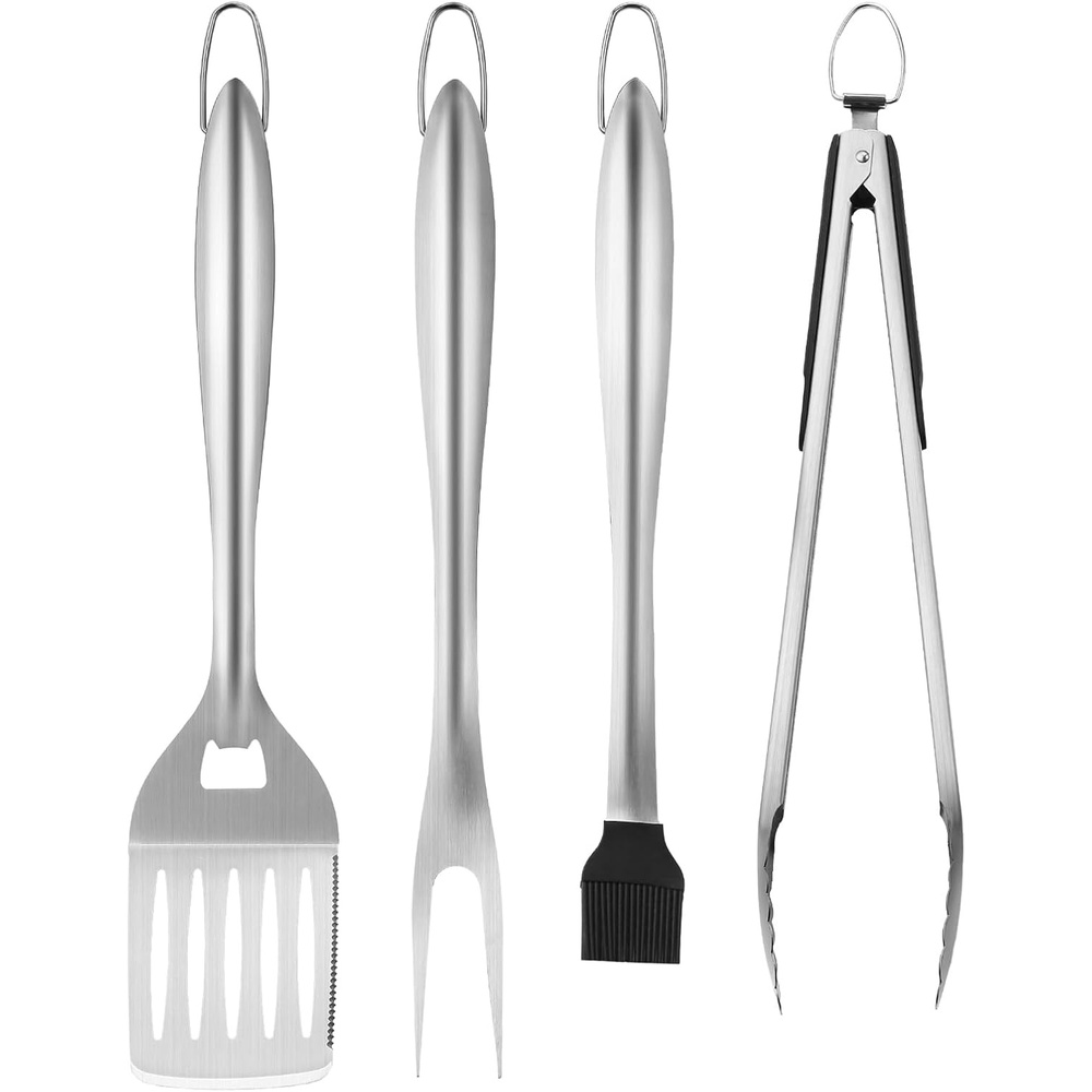 image:imageVEVOR Grilling Accessories 4PCS BBQ Grill Tool Set Heavy Duty Stainless Steel Barbecue Tools Kitchen Utensils with Tong Spatula Fork Brush for Outdoor Grills Gift for Father Men Husband