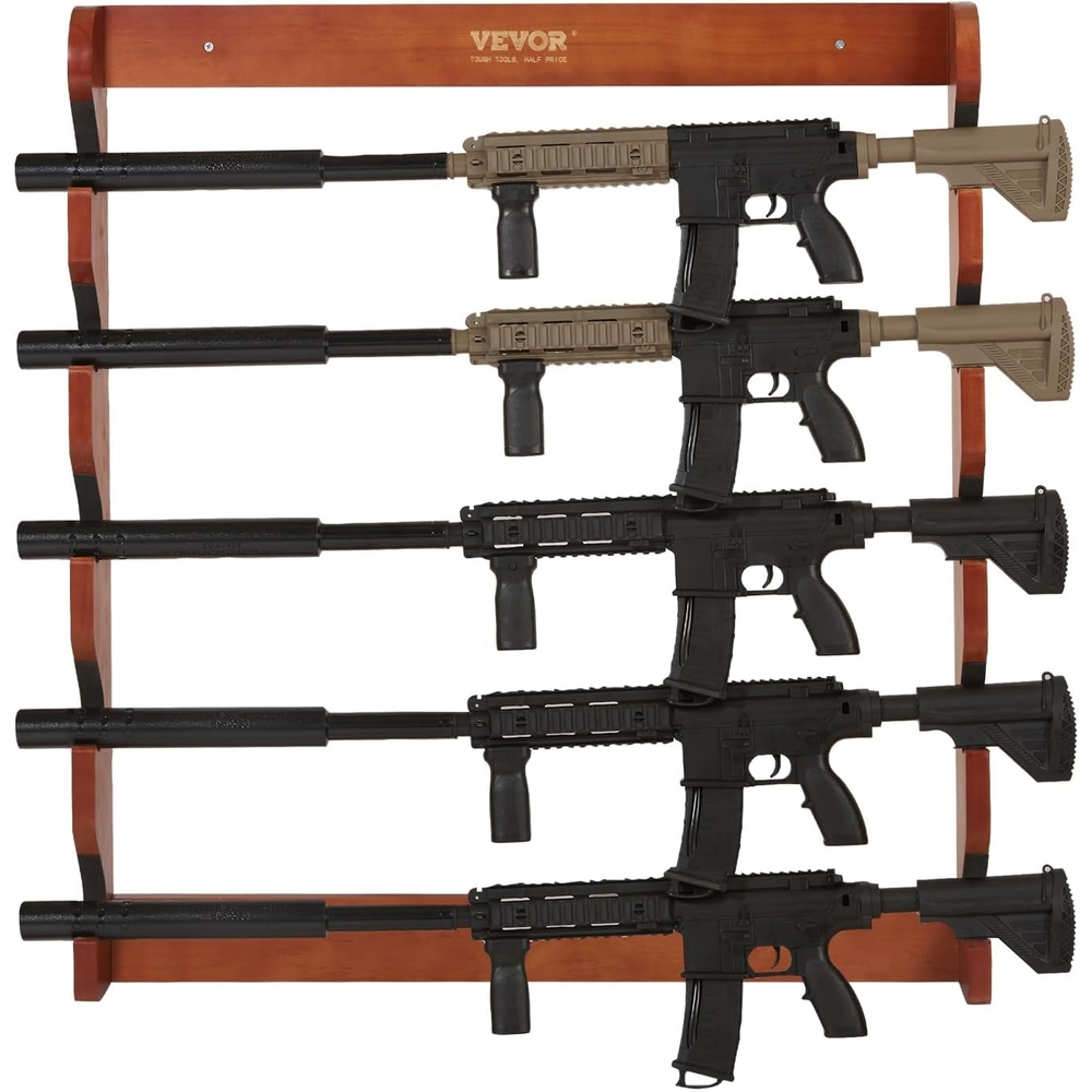 image:imageVEVOR Gun Rack 5Slot Wall Mounted Wooden Gun Rack Heavy Duty Gun Display Rack Holds 5 Shotguns and Rifles Wall Storage Display Rifle Rack with Soft Padding 132 lbs Capacity