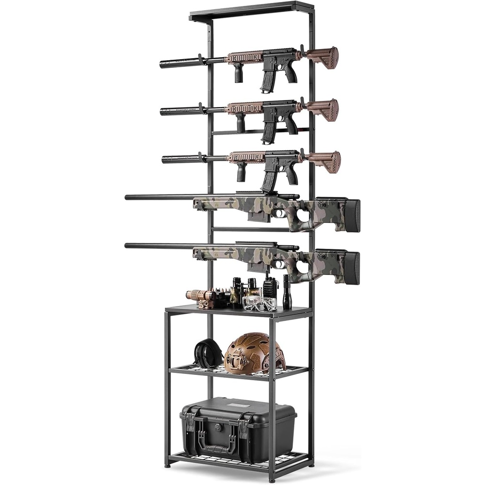 image:imageVEVOR Gun Rack Floor Standing Indoor Rifle Shotgun Rack Stand with Storage Shelf for Wall Mount Gun Display Stand Holds up to 5 Rifles Heavy Duty Steel for Home Garage Hunting Long Guns Storage