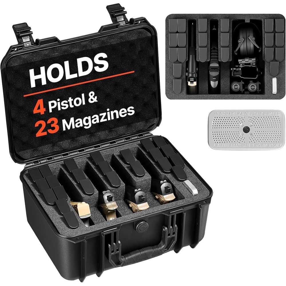 image:imageVEVOR Hard Pistol Case Holds Multiple Pistols amp Magazine Hard Gun Case with PreCut XPE Foam Lining Waterproof Firearm Travel Case with Handle for Gun Lenses Camera Gear TSA Compliant4 Pistols 23 Magazine