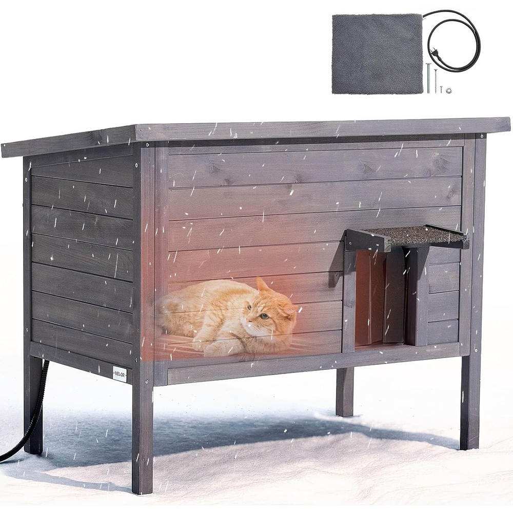 image:imageVEVOR Heated Outdoor Cat House Insulated Wooden Cat House for Cats Waterproof Feral Kitty Shelter with Heating Pad PVC Flap Door amp Openable Asphalt Roof for 13 Cats in Winter 34 x 21 x 27 inModern