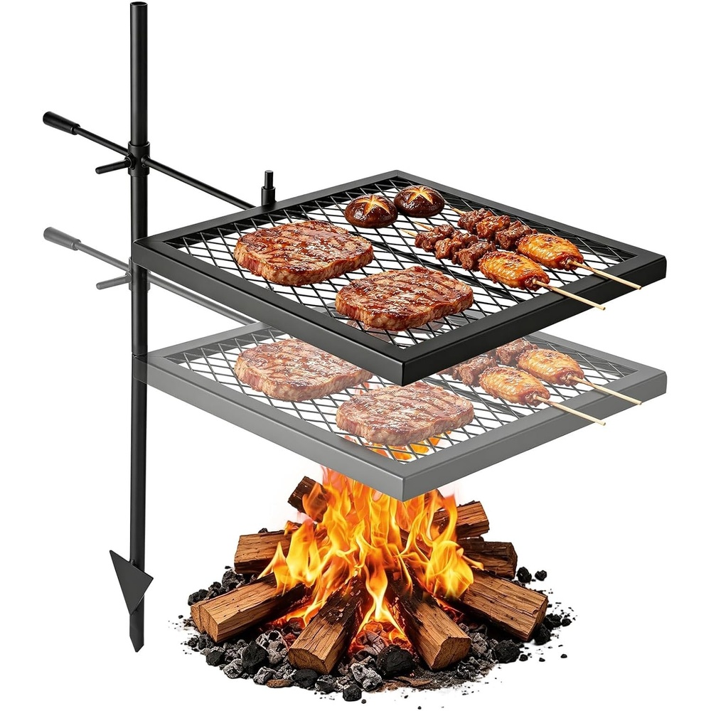 image:imageVEVOR Heavy Duty Swivel Campfire Grill 24 Portable Camping Grill Grate amp Griddle Sturdy Steel BBQ Mesh 360 Height Adjustable Over Fire Pit Equipment for Outdoor Open Flame Cooking Black1616 inch Swivel Upgraded