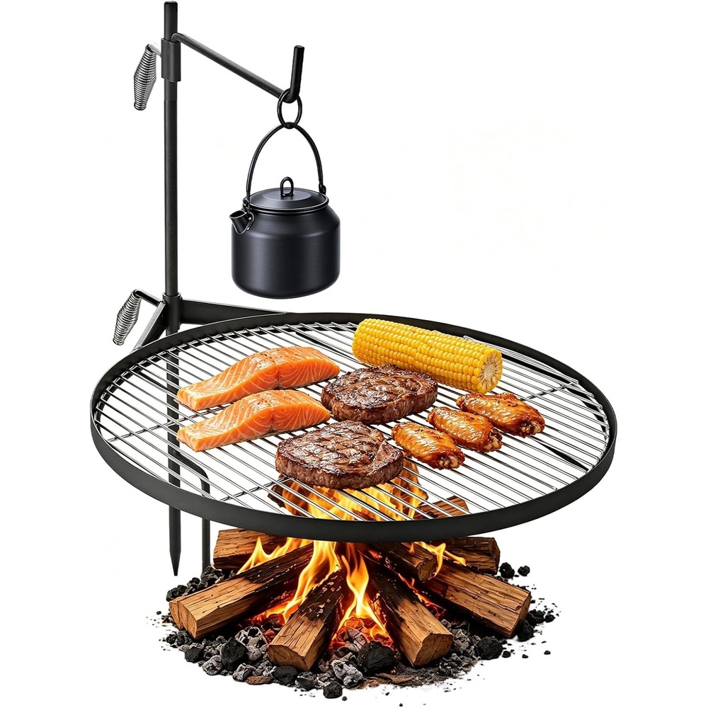 image:imageVEVOR Heavy Duty Swivel Campfire Grill 24 Portable Camping Grill Grate amp Griddle Sturdy Steel BBQ Mesh 360 Height Adjustable Over Fire Pit Equipment for Outdoor Open Flame Cooking Black244 inch Swivel Round