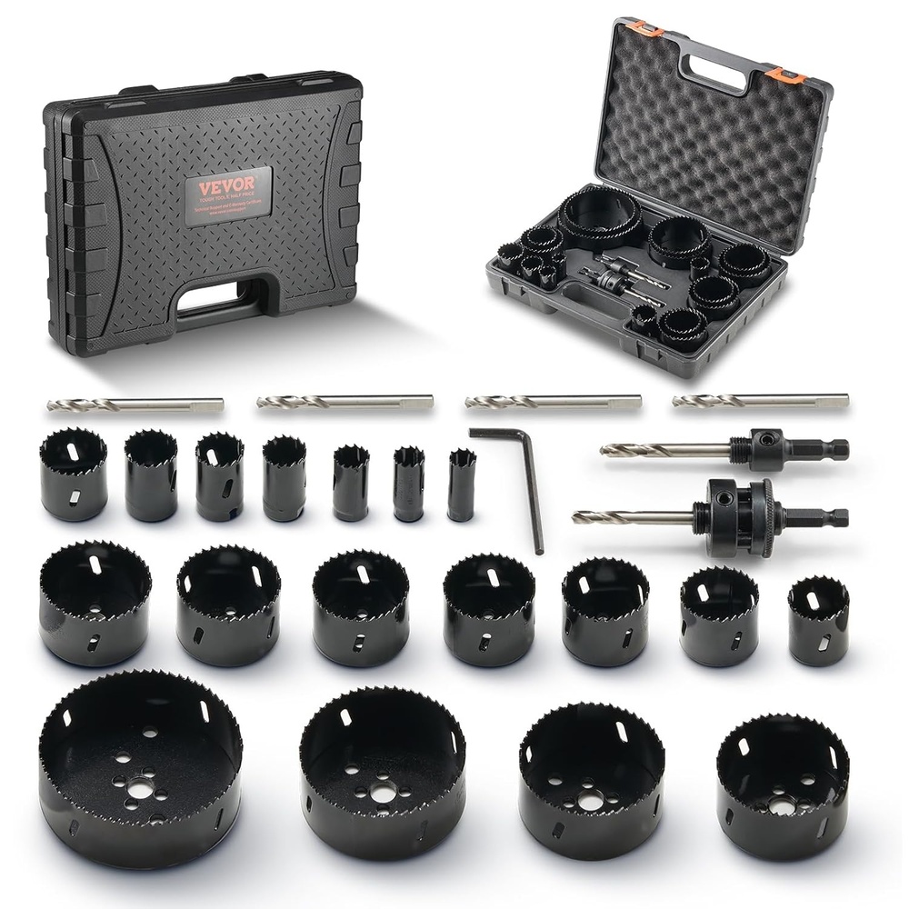image:imageVEVOR Hole Saw Kit 18 PCS Saw Blades 6 Drill Bits 1 Hex Wrench General Purpose Size from 34 to 412 Bi Metal M42 Hole Saw Set with Carrying Case Ideal for Wood Board Plastic and Iron Plate34 to 41218PCS