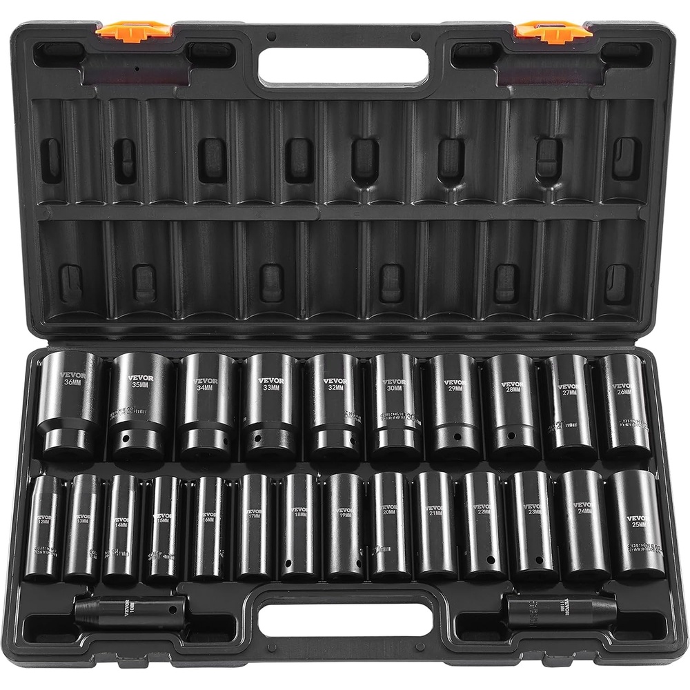 image:imageVEVOR Impact Drive Socket Set 12 Inches 19 Piece Impact Sockets SAE Standard Socket Assortment 38 Inches to 112 Inches 6point Hex Sockets12 26PCS