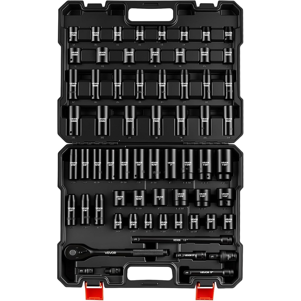 image:imageVEVOR Impact Drive Socket Set 12 Inches 19 Piece Impact Sockets SAE Standard Socket Assortment 38 Inches to 112 Inches 6point Hex Sockets12 65PCS