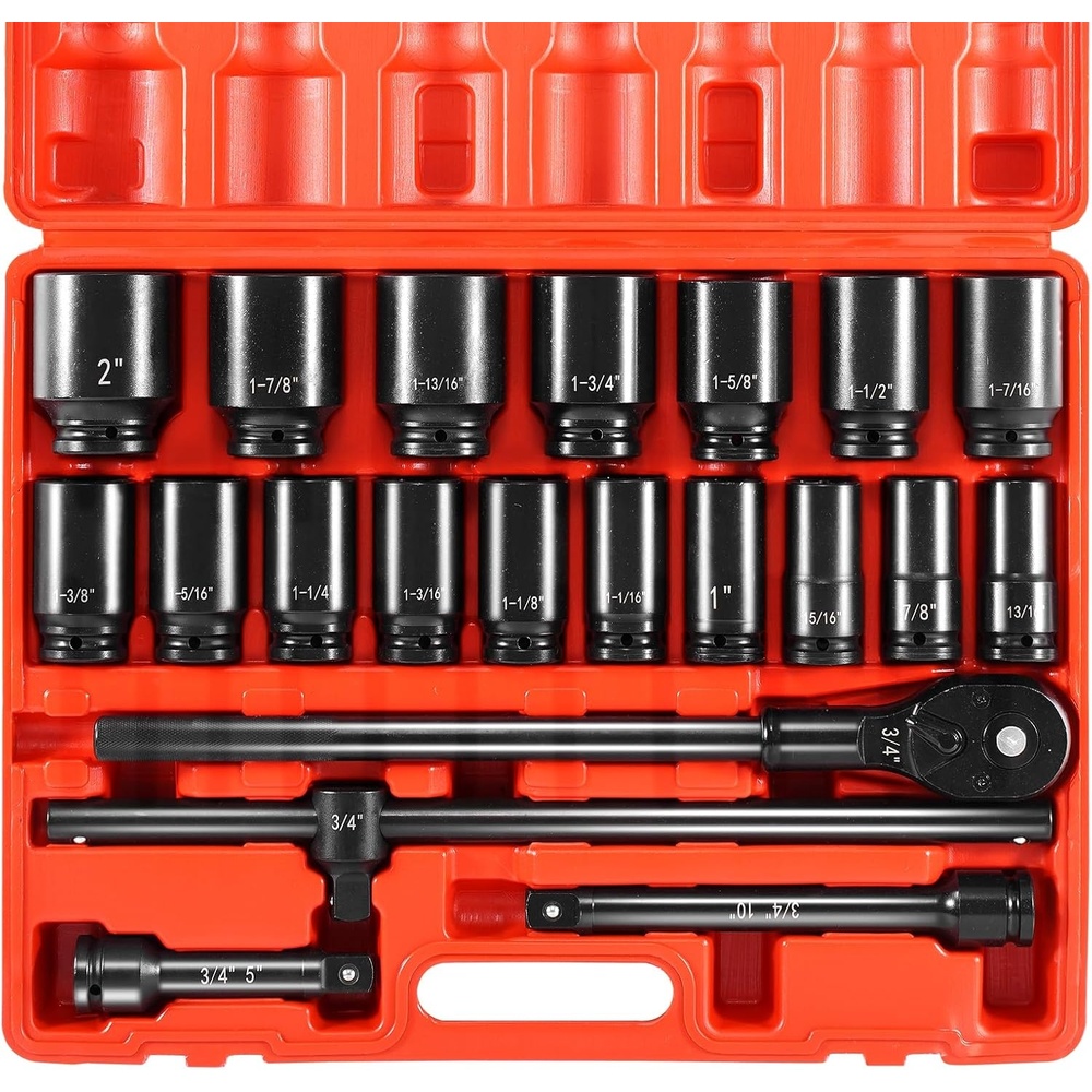 image:imageVEVOR Impact Drive Socket Set 12 Inches 19 Piece Impact Sockets SAE Standard Socket Assortment 38 Inches to 112 Inches 6point Hex Sockets34 22PCS