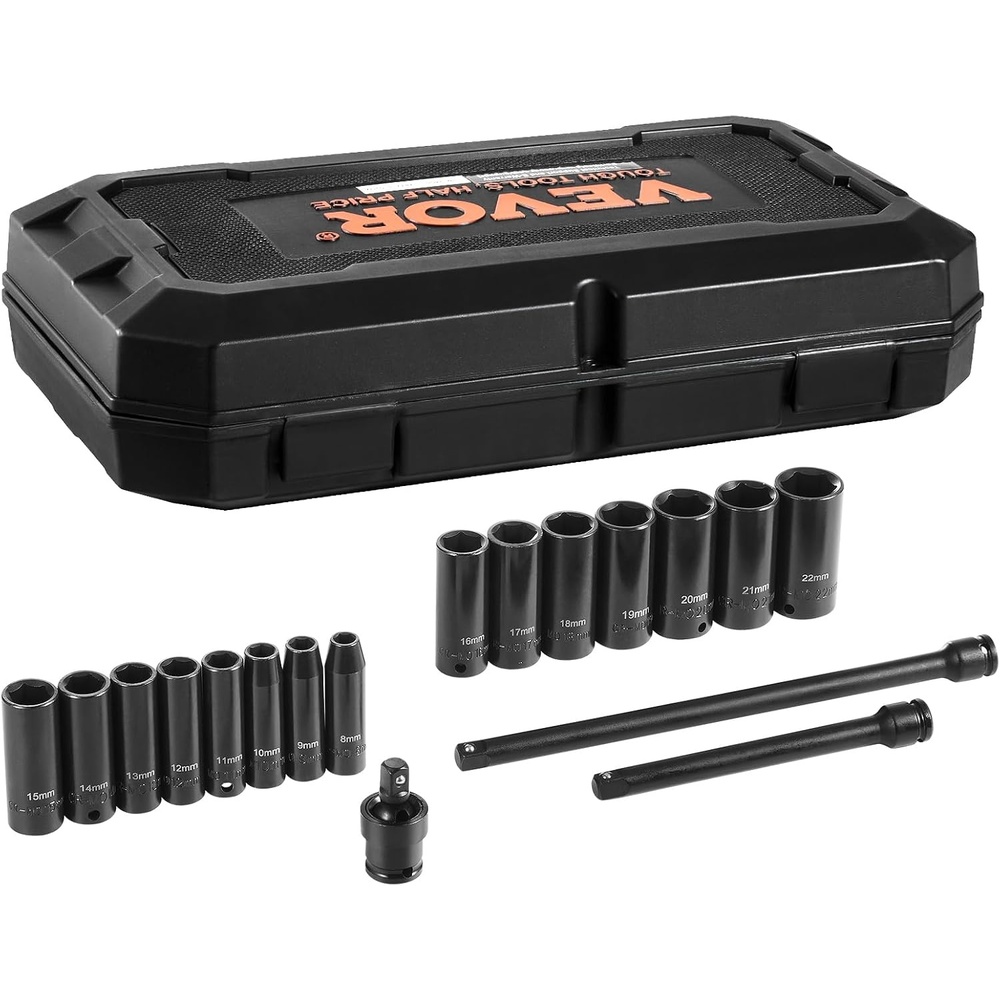 image:imageVEVOR Impact Drive Socket Set 12 Inches 19 Piece Impact Sockets SAE Standard Socket Assortment 38 Inches to 112 Inches 6point Hex Sockets38 18PCS