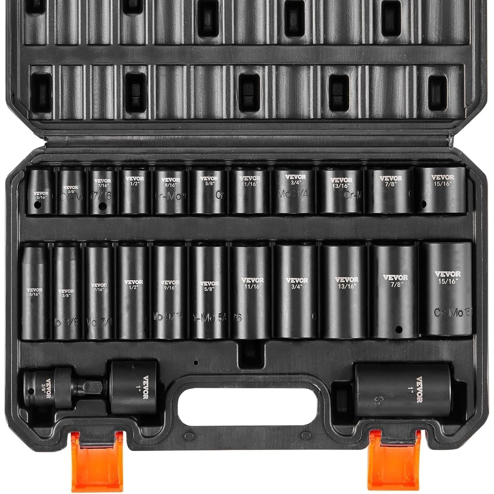 image:imageVEVOR Impact Drive Socket Set 12 Inches 19 Piece Impact Sockets SAE Standard Socket Assortment 38 Inches to 112 Inches 6point Hex Sockets38 25PCS CRMO