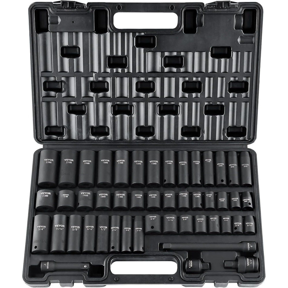 image:imageVEVOR Impact Drive Socket Set 12 Inches 19 Piece Impact Sockets SAE Standard Socket Assortment 38 Inches to 112 Inches 6point Hex Sockets38 48PCS