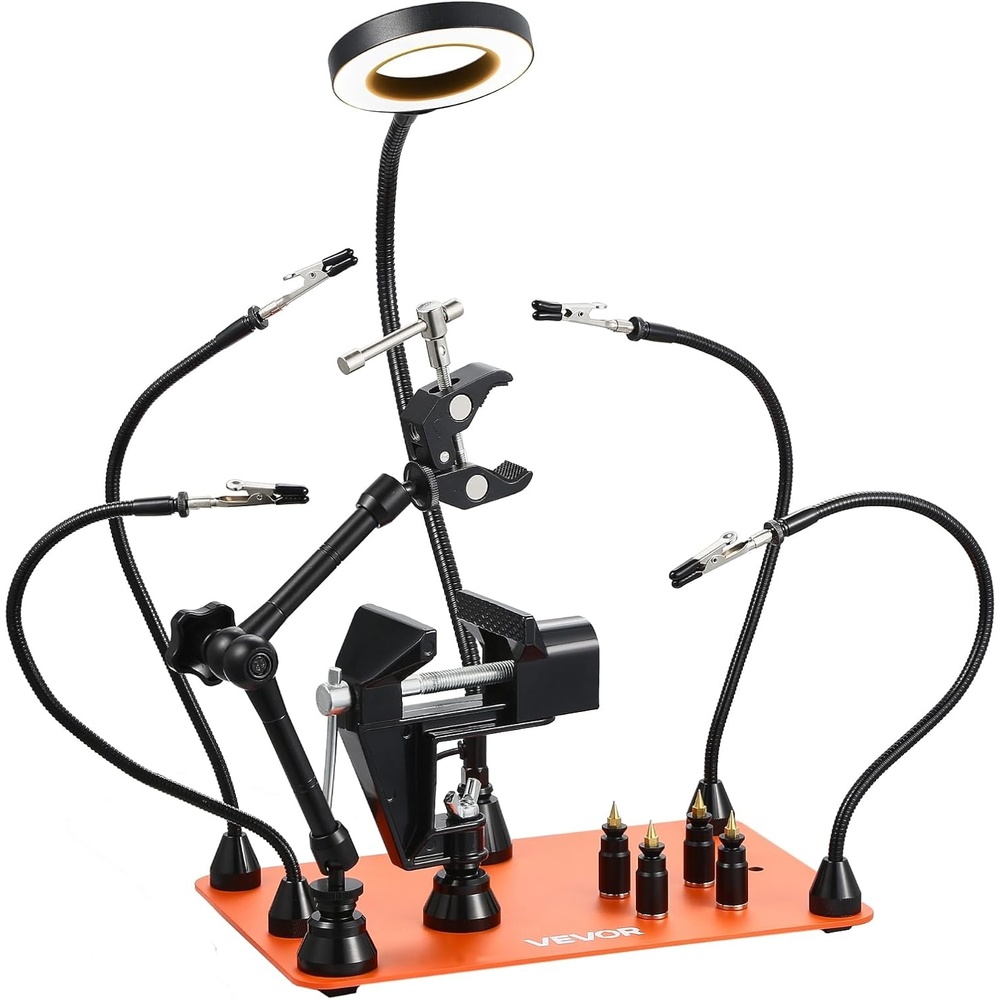 image:imageVEVOR Magnetic Helping Hands Soldering Station 4 Flexible Arms Third Hand Soldering Tool with 3X LED Magnifying Lamp 4 PCB Pillar Holder amp HeavyDuty Base Electronic Repair Craft Hobby DIYwith Heat Gun Holder and Vise