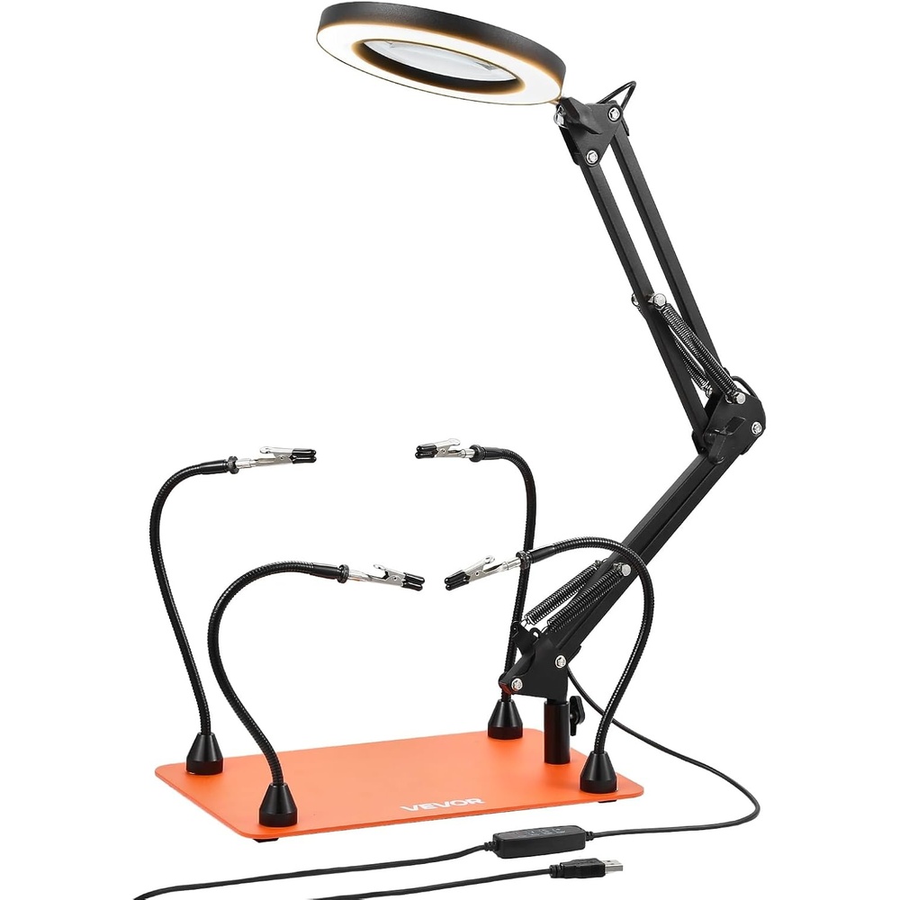 image:imageVEVOR Magnetic Helping Hands Soldering Station 4 Flexible Arms Third Hand Tool with 3X LED Magnifying Lamp amp NonSlip HeavyDuty Base Soldering Helping Hands for Electronic Repair Craft Hobby DIY117in Large Base with Magnifying Light